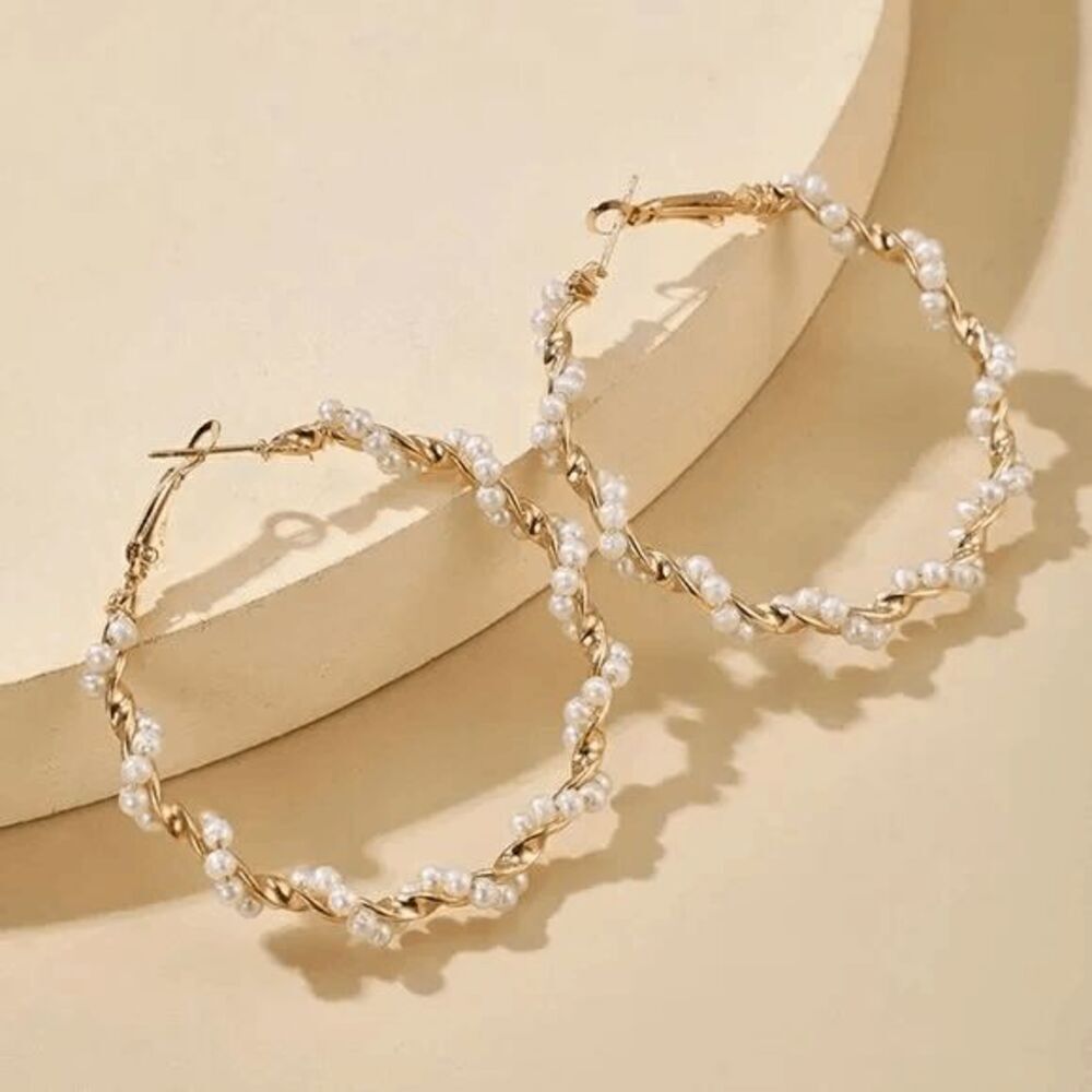 Ladies Fashion Pearl Wrapped Hoop Earrings - Picture 3 of 7